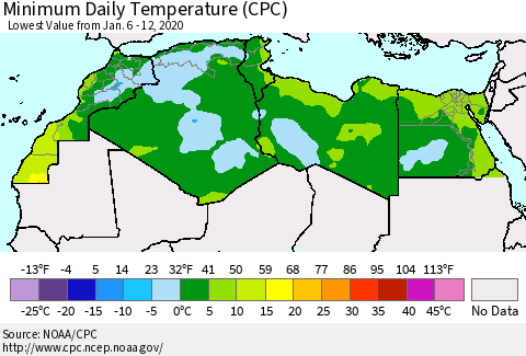 North Africa Minimum Daily Temperature (CPC) Thematic Map For 1/6/2020 - 1/12/2020