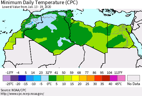 North Africa Minimum Daily Temperature (CPC) Thematic Map For 1/13/2020 - 1/19/2020