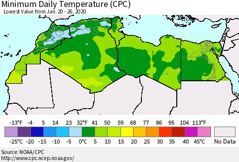North Africa Minimum Daily Temperature (CPC) Thematic Map For 1/20/2020 - 1/26/2020