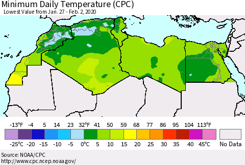 North Africa Minimum Daily Temperature (CPC) Thematic Map For 1/27/2020 - 2/2/2020