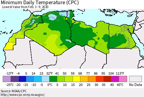 North Africa Minimum Daily Temperature (CPC) Thematic Map For 2/3/2020 - 2/9/2020
