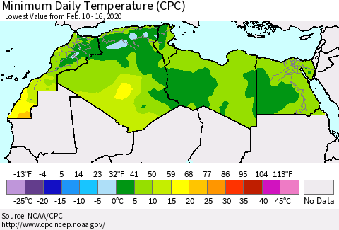 North Africa Minimum Daily Temperature (CPC) Thematic Map For 2/10/2020 - 2/16/2020