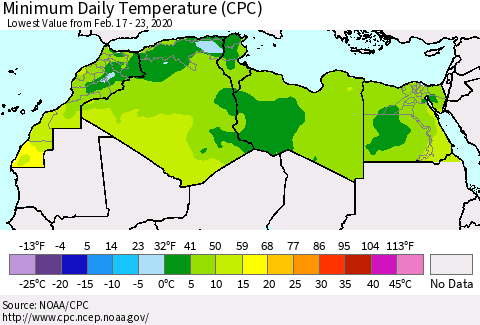 North Africa Minimum Daily Temperature (CPC) Thematic Map For 2/17/2020 - 2/23/2020