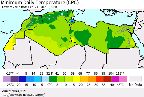 North Africa Minimum Daily Temperature (CPC) Thematic Map For 2/24/2020 - 3/1/2020