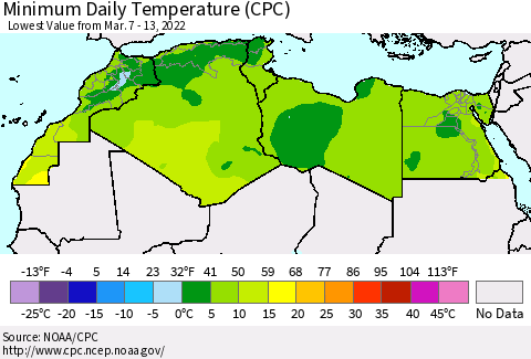 North Africa Minimum Daily Temperature (CPC) Thematic Map For 3/7/2022 - 3/13/2022