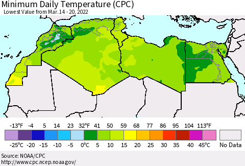 North Africa Minimum Daily Temperature (CPC) Thematic Map For 3/14/2022 - 3/20/2022