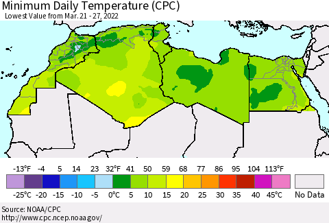 North Africa Minimum Daily Temperature (CPC) Thematic Map For 3/21/2022 - 3/27/2022