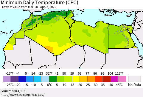 North Africa Minimum Daily Temperature (CPC) Thematic Map For 3/28/2022 - 4/3/2022
