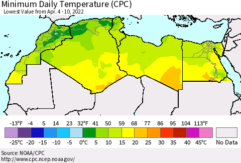 North Africa Minimum Daily Temperature (CPC) Thematic Map For 4/4/2022 - 4/10/2022