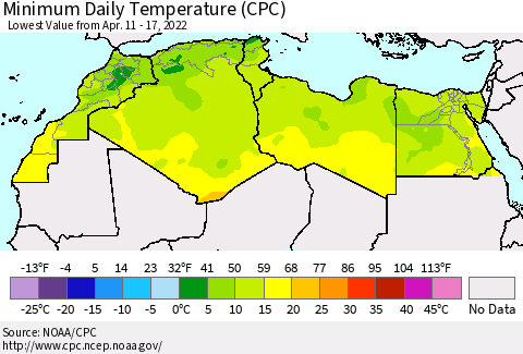 North Africa Minimum Daily Temperature (CPC) Thematic Map For 4/11/2022 - 4/17/2022