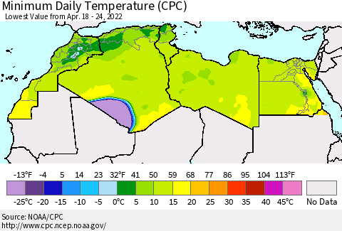 North Africa Minimum Daily Temperature (CPC) Thematic Map For 4/18/2022 - 4/24/2022