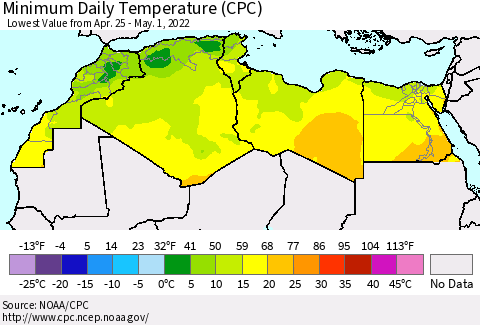 North Africa Minimum Daily Temperature (CPC) Thematic Map For 4/25/2022 - 5/1/2022