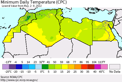 North Africa Minimum Daily Temperature (CPC) Thematic Map For 5/2/2022 - 5/8/2022
