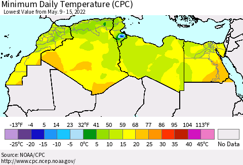 North Africa Minimum Daily Temperature (CPC) Thematic Map For 5/9/2022 - 5/15/2022