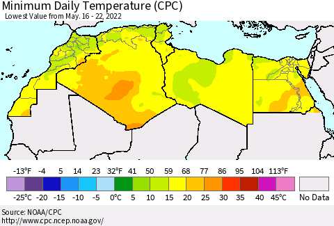 North Africa Minimum Daily Temperature (CPC) Thematic Map For 5/16/2022 - 5/22/2022