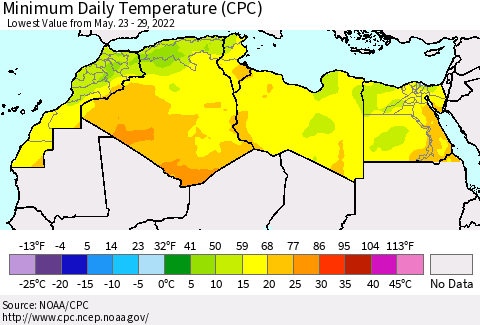 North Africa Minimum Daily Temperature (CPC) Thematic Map For 5/23/2022 - 5/29/2022
