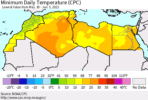 North Africa Minimum Daily Temperature (CPC) Thematic Map For 5/30/2022 - 6/5/2022