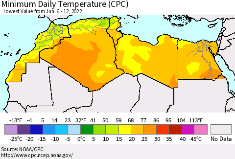 North Africa Minimum Daily Temperature (CPC) Thematic Map For 6/6/2022 - 6/12/2022