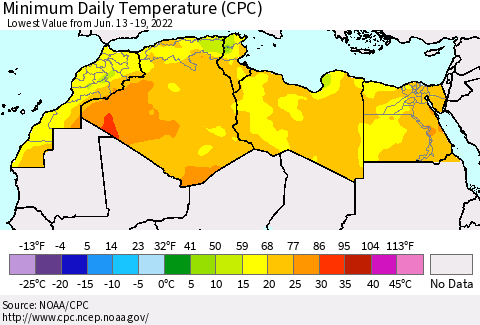 North Africa Minimum Daily Temperature (CPC) Thematic Map For 6/13/2022 - 6/19/2022