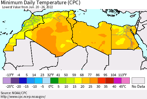 North Africa Minimum Daily Temperature (CPC) Thematic Map For 6/20/2022 - 6/26/2022