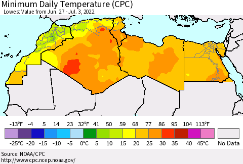 North Africa Minimum Daily Temperature (CPC) Thematic Map For 6/27/2022 - 7/3/2022