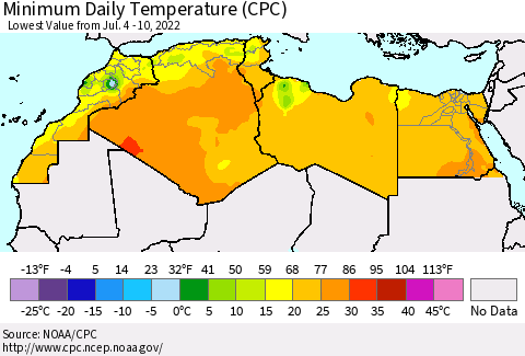 North Africa Minimum Daily Temperature (CPC) Thematic Map For 7/4/2022 - 7/10/2022