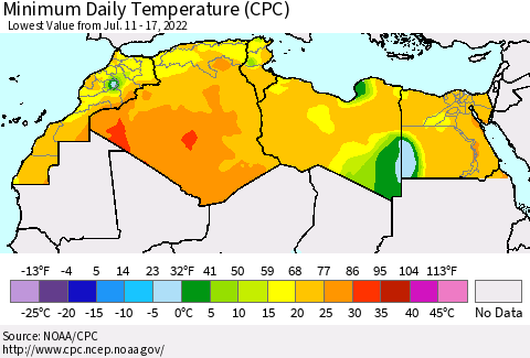 North Africa Minimum Daily Temperature (CPC) Thematic Map For 7/11/2022 - 7/17/2022