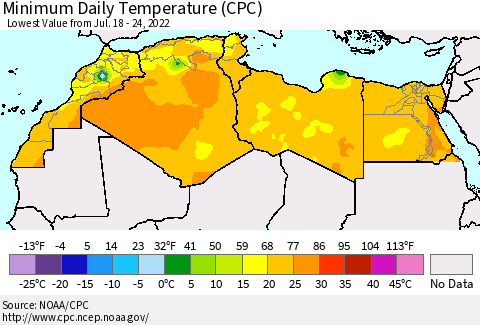 North Africa Minimum Daily Temperature (CPC) Thematic Map For 7/18/2022 - 7/24/2022