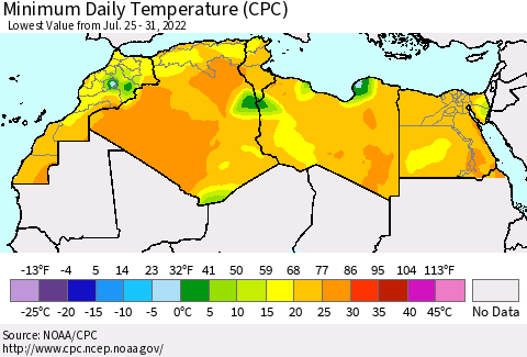 North Africa Minimum Daily Temperature (CPC) Thematic Map For 7/25/2022 - 7/31/2022