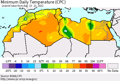 North Africa Minimum Daily Temperature (CPC) Thematic Map For 8/15/2022 - 8/21/2022