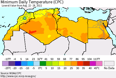 North Africa Minimum Daily Temperature (CPC) Thematic Map For 8/22/2022 - 8/28/2022