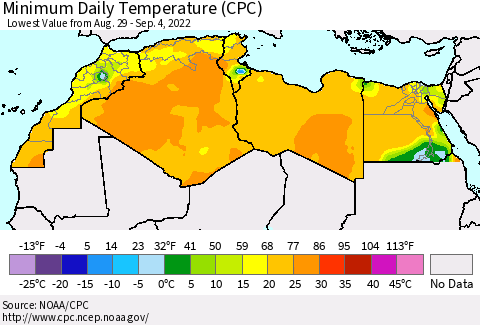 North Africa Minimum Daily Temperature (CPC) Thematic Map For 8/29/2022 - 9/4/2022
