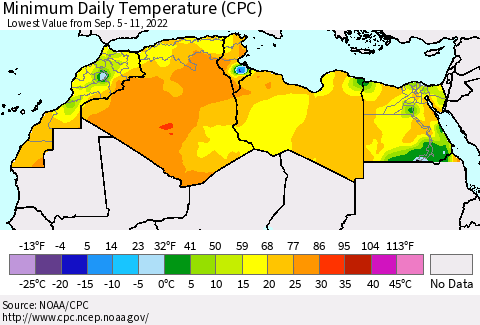 North Africa Minimum Daily Temperature (CPC) Thematic Map For 9/5/2022 - 9/11/2022