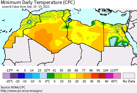 North Africa Minimum Daily Temperature (CPC) Thematic Map For 9/19/2022 - 9/25/2022
