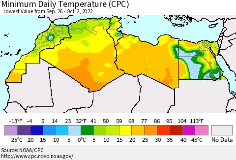 North Africa Minimum Daily Temperature (CPC) Thematic Map For 9/26/2022 - 10/2/2022