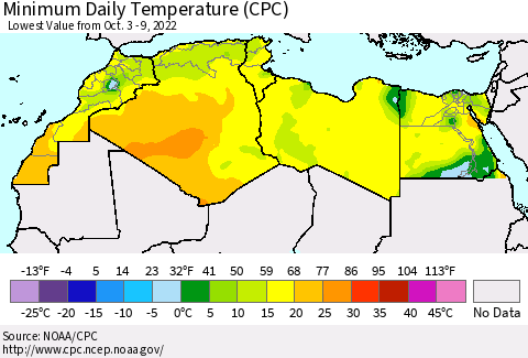 North Africa Minimum Daily Temperature (CPC) Thematic Map For 10/3/2022 - 10/9/2022