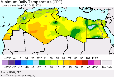 North Africa Minimum Daily Temperature (CPC) Thematic Map For 10/10/2022 - 10/16/2022