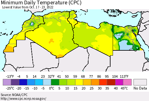North Africa Minimum Daily Temperature (CPC) Thematic Map For 10/17/2022 - 10/23/2022