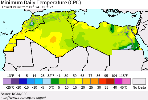 North Africa Minimum Daily Temperature (CPC) Thematic Map For 10/24/2022 - 10/30/2022