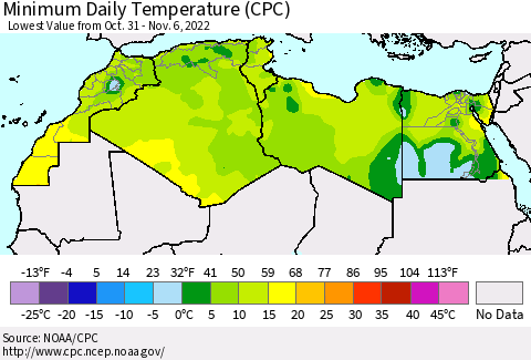 North Africa Minimum Daily Temperature (CPC) Thematic Map For 10/31/2022 - 11/6/2022