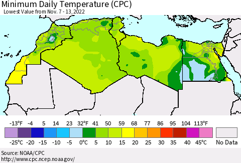 North Africa Minimum Daily Temperature (CPC) Thematic Map For 11/7/2022 - 11/13/2022