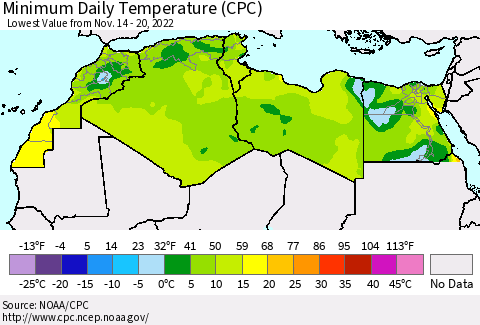North Africa Minimum Daily Temperature (CPC) Thematic Map For 11/14/2022 - 11/20/2022