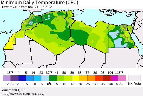 North Africa Minimum Daily Temperature (CPC) Thematic Map For 11/21/2022 - 11/27/2022
