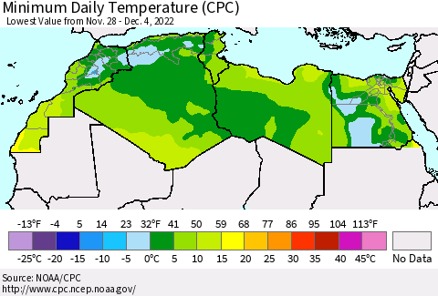 North Africa Minimum Daily Temperature (CPC) Thematic Map For 11/28/2022 - 12/4/2022