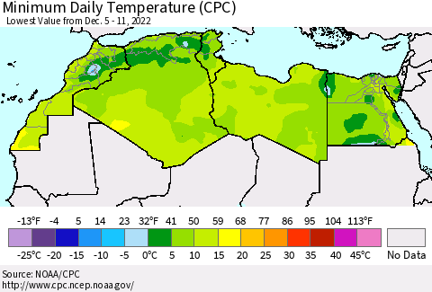 North Africa Minimum Daily Temperature (CPC) Thematic Map For 12/5/2022 - 12/11/2022