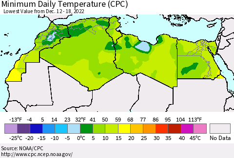 North Africa Minimum Daily Temperature (CPC) Thematic Map For 12/12/2022 - 12/18/2022