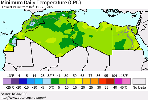 North Africa Minimum Daily Temperature (CPC) Thematic Map For 12/19/2022 - 12/25/2022