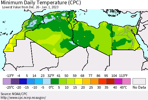 North Africa Minimum Daily Temperature (CPC) Thematic Map For 12/26/2022 - 1/1/2023