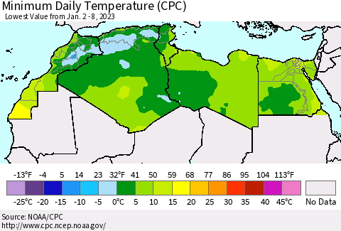 North Africa Minimum Daily Temperature (CPC) Thematic Map For 1/2/2023 - 1/8/2023