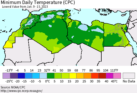 North Africa Minimum Daily Temperature (CPC) Thematic Map For 1/9/2023 - 1/15/2023